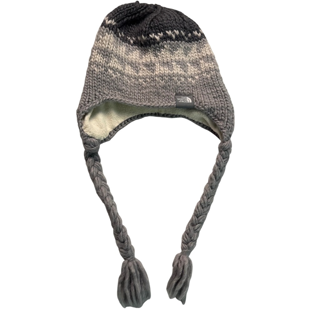 The North Face Grey Ombre Knit Trapper Hat Fleece Lined Braided Tassels Beanie